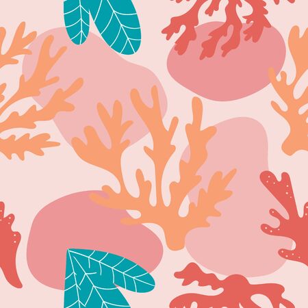 Vector seamless pattern of coral reef and seaweed. Hand drawn underwater plants. Trendy pastel colors.のイラスト素材