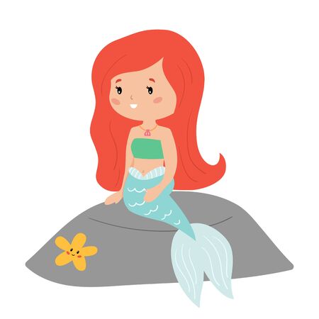 Cute cartoon mermaid is sitting on the rock. Isolated on white background. Vector kawaii character for children book or greeting card.のイラスト素材