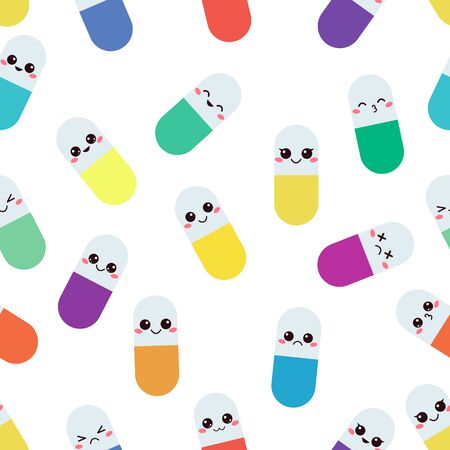 Childish seamless pattern. Kawaii pills with different emotion faces. Cartoon style medicine vector illustration.のイラスト素材
