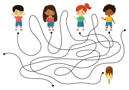 Maze game for kids. Which of the children will get to the ice cream. Cute cartoon preschoolers, boys and girls of different races. Summer worksheet for kindergarten.のイラスト素材