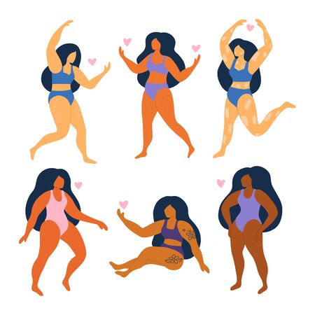 Set of abstract women in swimsuits. Plus size girls. Different races and nationalities. Body positive. Females with overweight, vitiligo, cellulite, hair on legs and stretch marks. Vector illustrationのイラスト素材