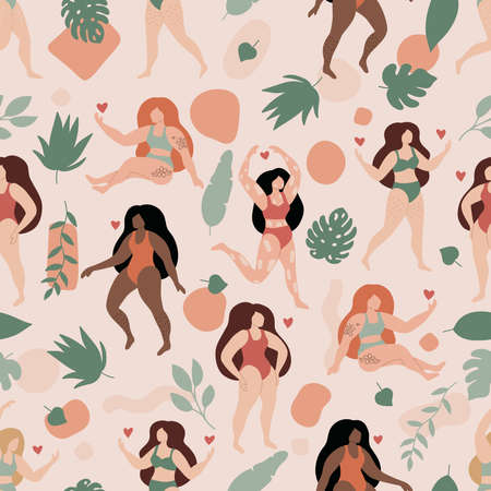 Vector seamless pattern of beauty body positive women with cellulite, hair on legs, stretch marks and tattoos. Tropical flowers and plant on pink background. Abstract geometric shapes.のイラスト素材