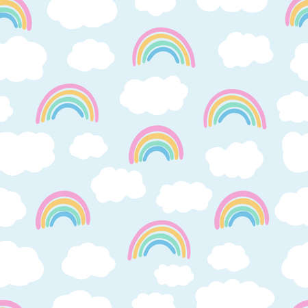 Vector seamless pattern with sky. Hand drawn clouds and rainbows. Perfect for nursery, print on fabrics and scrapbooking. Doodle illustration.のイラスト素材