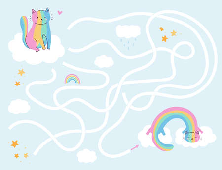 Maze game for preschool kids. Help the rainbow cat find right way to friend. Cute kawaii cartoon characters. Worksheet for girls.のイラスト素材