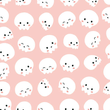 Halloween seamless pattern with cute cartoon skulls on pink background. Doodle style illustration.のイラスト素材