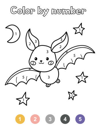 Halloween coloring book. Cute cartoon bat and night sky. Color by numbers. Printable worksheet for preschool kids.のイラスト素材
