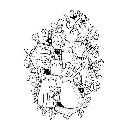Doodle coloring page with funny cats and flowers. Outline illustration. Ideal for t-shirt prints. Black and white kittens.のイラスト素材