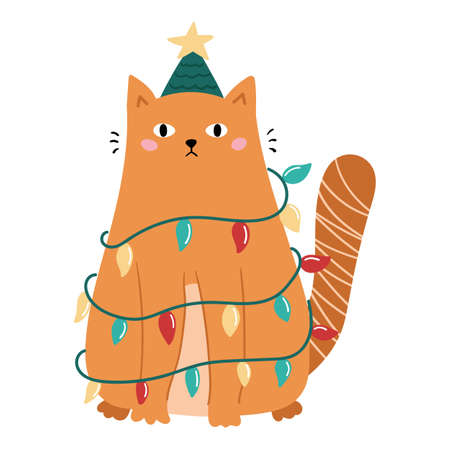 Funny doodle cat with Christmas decoration - garland and tree hat. Holiday vector illustration for postcard.のイラスト素材
