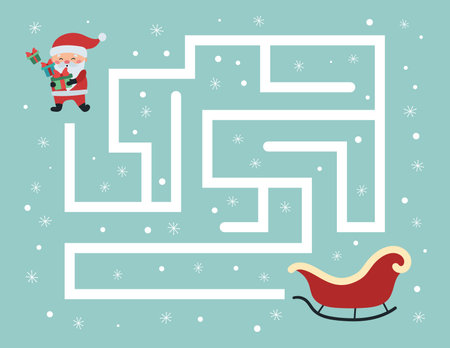 Educational maze game for preschool kids. Help Santa Claus with presents find right way to his sleigh. Christmas holiday labyrinth.のイラスト素材