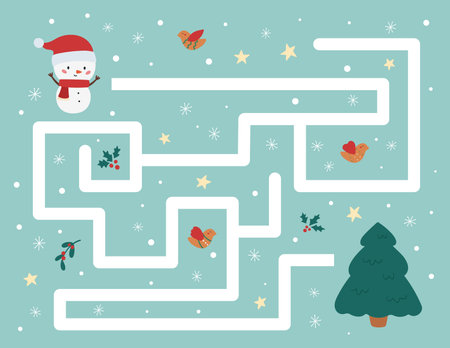 Help snowman find right way to Christmas tree. Educational maze game for children. Cute cartoon character. Winter labyrinth.のイラスト素材