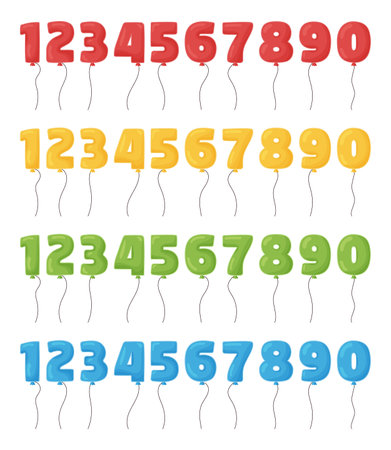 Balloon numbers for birthday party. Four colors: red, green, yellow and blue. Colorful cartoon vector illustration for party celebration invitation card. Isolated on white background.のイラスト素材