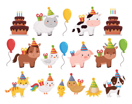 Cute cartoon farm animals collection with birthday cake, presents, balloons and cake. Vector illustration for invitation and greeting card design.のイラスト素材