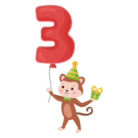 Funny monkey with number balloon. Happy Birthday greeting and invitation card design for three years old children.のイラスト素材