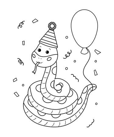 Jungle coloring page for kids. Happy Birthday vector illustration. Cute cartoon snake with balloons and gifts.のイラスト素材
