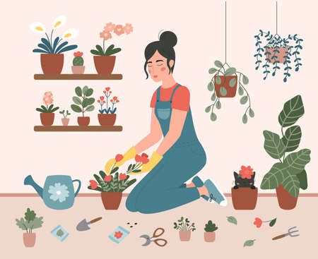 A woman is planting flowers in pots at home. Girl is engaged in gardening. Hand drawn vector flat illustration. Scandinavian style cozy interior. Cute cat in flower pot. Urban jungle.のイラスト素材