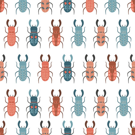 Vector seamless pattern with stylized stag beetles in folk style. Hand drawn insects on white background. Doodle illustration.のイラスト素材