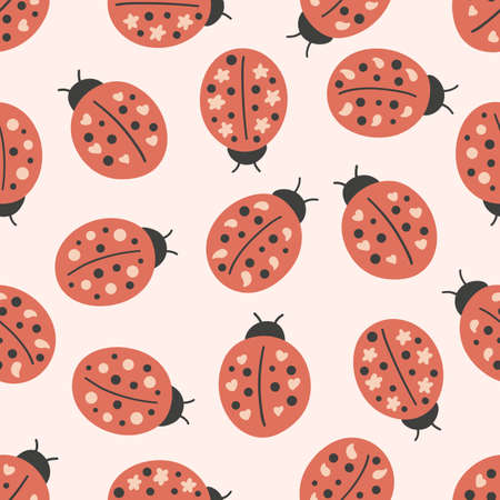 Vector seamless pattern with stylized ladybugs on the pink background. Hand drawn doodle insects.のイラスト素材