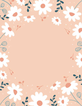 Vector frame with daisy flowers and abstract leaves on pink background. Spring doodle plants. Template for greeting card, invitation and banner.のイラスト素材