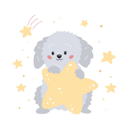 Cute cartoon puppy with star. Hand drawn labradoodle dog. Vector illustration for children poster print, nursery, greeting card and sticker.のイラスト素材