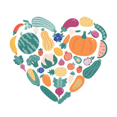 Hand drawn different doodle vegetables and fruits in the shape of a heart. Healthy organic fresh food concept. Vector illustration.のイラスト素材
