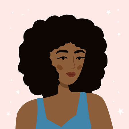 Avatar of a beauty young woman on pink background. Curly dark brown hair. African American female character. Flat style vector illustration.のイラスト素材