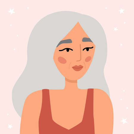 Avatar of a senior woman on pink background. Cartoon character. Flat style vector illustration.のイラスト素材