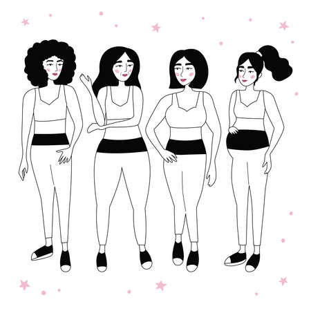 Set of beauty women in sportswear. Cartoon female characters different ages. Outline style cartoon people. Healthy lifestyle. Love your body concept. Black and white vector illustration.のイラスト素材