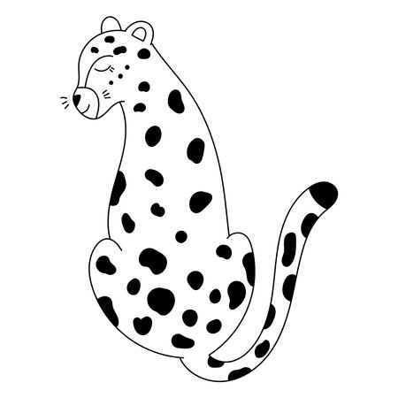 Coloring page with cute cartoon leopard. Black and white outline vector illustration. Hand drawn jungle animals.のイラスト素材