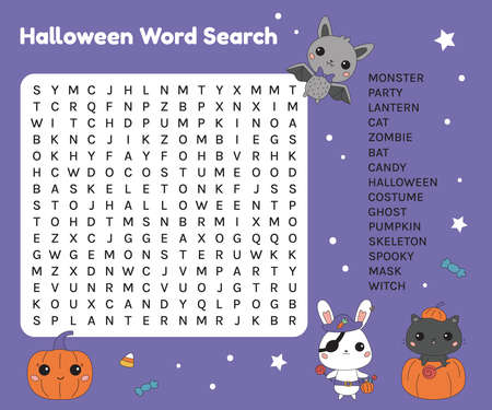 Halloween word search worksheet for kids. Learn english vocabulary. educational game. Cute kawaii characters. vector illustration.のイラスト素材