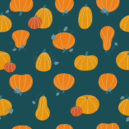 Seamless pattern with hand drawn orange, yellow and red pumpkins on dark green background. Autumn doodle vegetables for Thankful day or Halloween celebration. Vector illustration.のイラスト素材