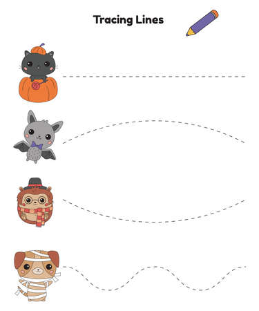 Trace line worksheet for children. Practicing fine motor skills. Halloween theme. Cute kawaii animals. Vector illustration.のイラスト素材