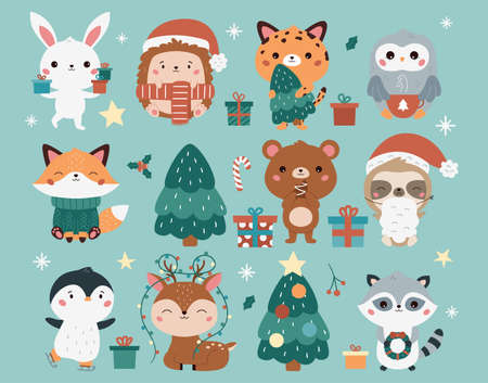 Christmas set with cute kawaii animals - fox, bunny, leopard, hedgehog, owl, raccoon, deer, penguin, bear and sloth. Cartoon characters. Happy New Year. Vector illustration.のイラスト素材