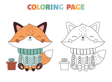 Christmas coloring page with cute fox in the sweater. Cartoon kawaii character. Forest animals. Winter coloring book. Vector illustration.のイラスト素材