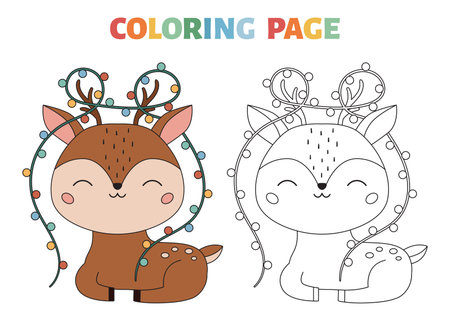Coloring page with cute deer and Christmas lights. Coloring book for kids with a colored example. Cartoon kawaii character. Black contour silhouette forest animal. Vector illustration.のイラスト素材