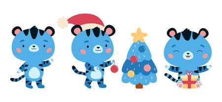 Set of New Year symbol - blue tiger. Kawaii cartoon character. Tigers with Christmas tree and presents. Cute jungle animals. Vector illustration for children.のイラスト素材