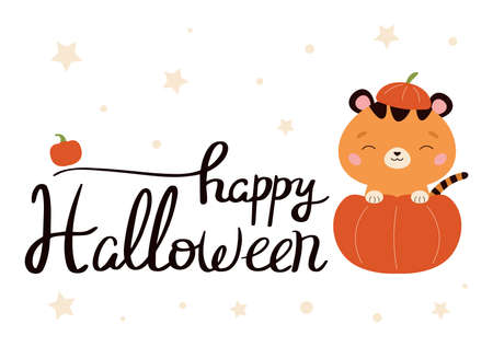 Happy Halloween greeting card with lettering and funny tiger in pumpkin. Cute cartoon kawaii animal. Autumn holiday. Vector illustration for children.のイラスト素材