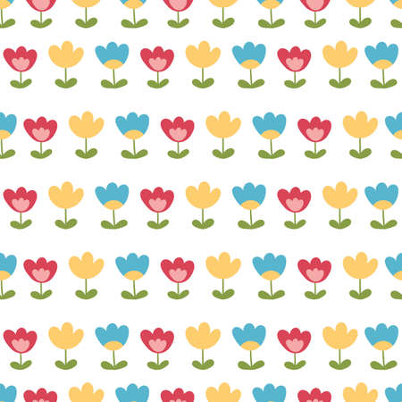 Seamless pattern with colorful flowers on white background. Hand drawn simple plants. Spring vector illustration for textile, wallpapers, wrapping papers and fabrics prints.のイラスト素材
