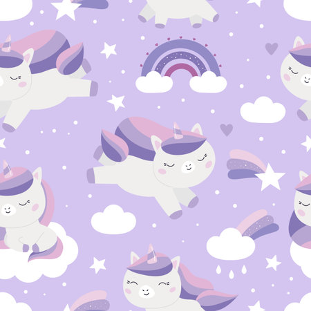 Childish seamless pattern with cute unicorns, rainbows, stars and cloud. Kawaii cartoon pony on purple background. Ideal for printing on fabrics, wallpapers and wrapping papers. Vector illustration.のイラスト素材