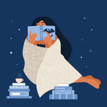 The woman reading a fantasy book about dragons. Girl resting covered blanket. Cartoon female character with cat. Hot drink in the mug. Concept for book store or library. Flat vector illustration.のイラスト素材