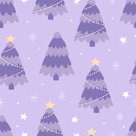 Seamless pattern with purple Christmas trees and stars. Hand drawn doodle wood. Happy New Year. Vector illustration.のイラスト素材