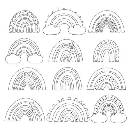 Coloring page with boho style rainbows. Hand drawn doodle rainbow, clouds, stars, flowers. Black and white outline vector illustration.のイラスト素材