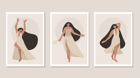 Boho style posters with beautiful women. Beige neutral colors. Dancing female characters. Hand drawn flowers and plants. Flat vector illustration.のイラスト素材