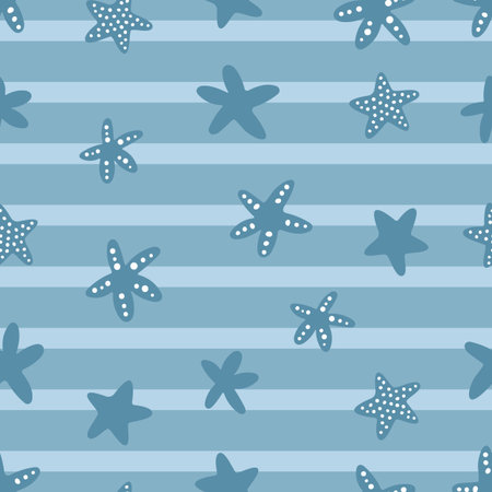 Seamless pattern with stripes and starfishes on blue background. Vector illustration for package, wrapping paper, fabric and wallpaper.のイラスト素材