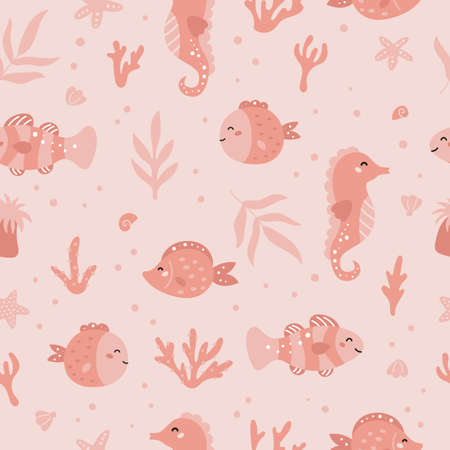 Vector seamless pattern with tropical ocean fishes, seahorse, corals and seaweeds. Hand drawn sea plants. Monochrome pink colors.のイラスト素材