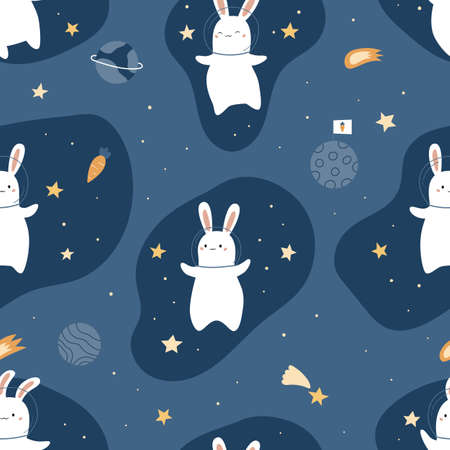 Seamless pattern with cute space rabbits, stars, planets and carrots. Cartoon kawaii characters. Cosmic vector illustration.のイラスト素材