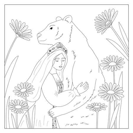 Coloring page with Russian woman in traditional folk costume. Cartoon girl in the Russian national costume and headdress - Kokoshnik. Hand drawn bear and daisy flowers. Vector illustrationのイラスト素材
