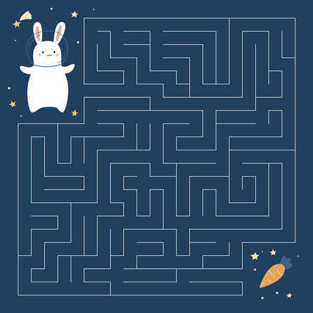 Maze game for preschool kids. Help the space rabbit find the right way to carrot. Cartoon kawaii bunny with stars. Educational puzzle for kids. vector illustrationのイラスト素材