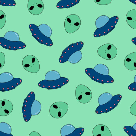 Seamless pattern with UFO and aliens on green background. Hand drawn doodle characters. space theme....