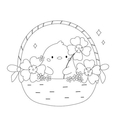 Coloring page with cute chick in basket and flowers. Kawaii animal. Easter vector illustration.のイラスト素材