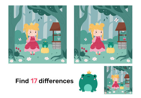 Educational game for kids. find differences. Classical fairy tale King Frog. Princess with prince frog. Cartoon kawaii characters. Puzzle for kids. vector illustration.のイラスト素材